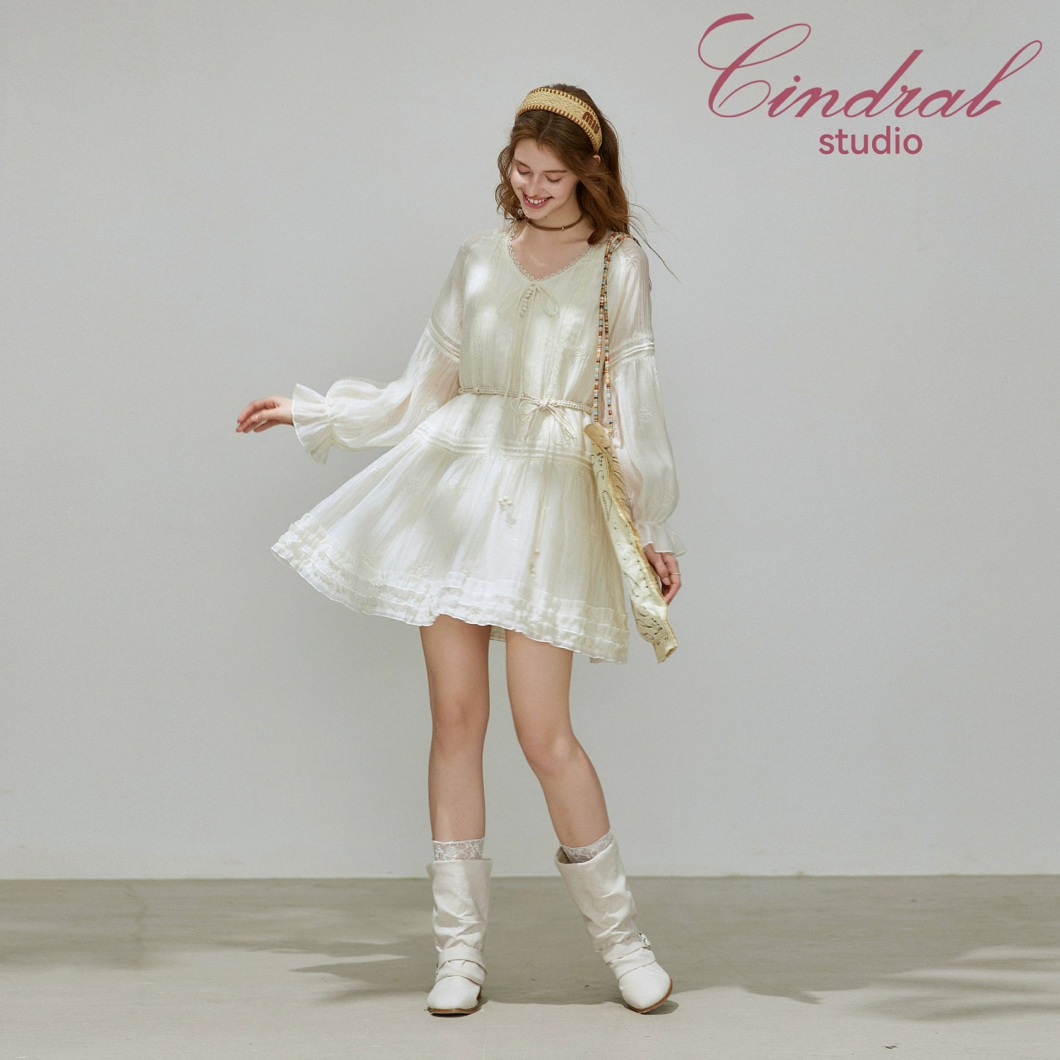 Elbow Sleeve Embroidered Ruffle Trim Tie Front Mini Dress