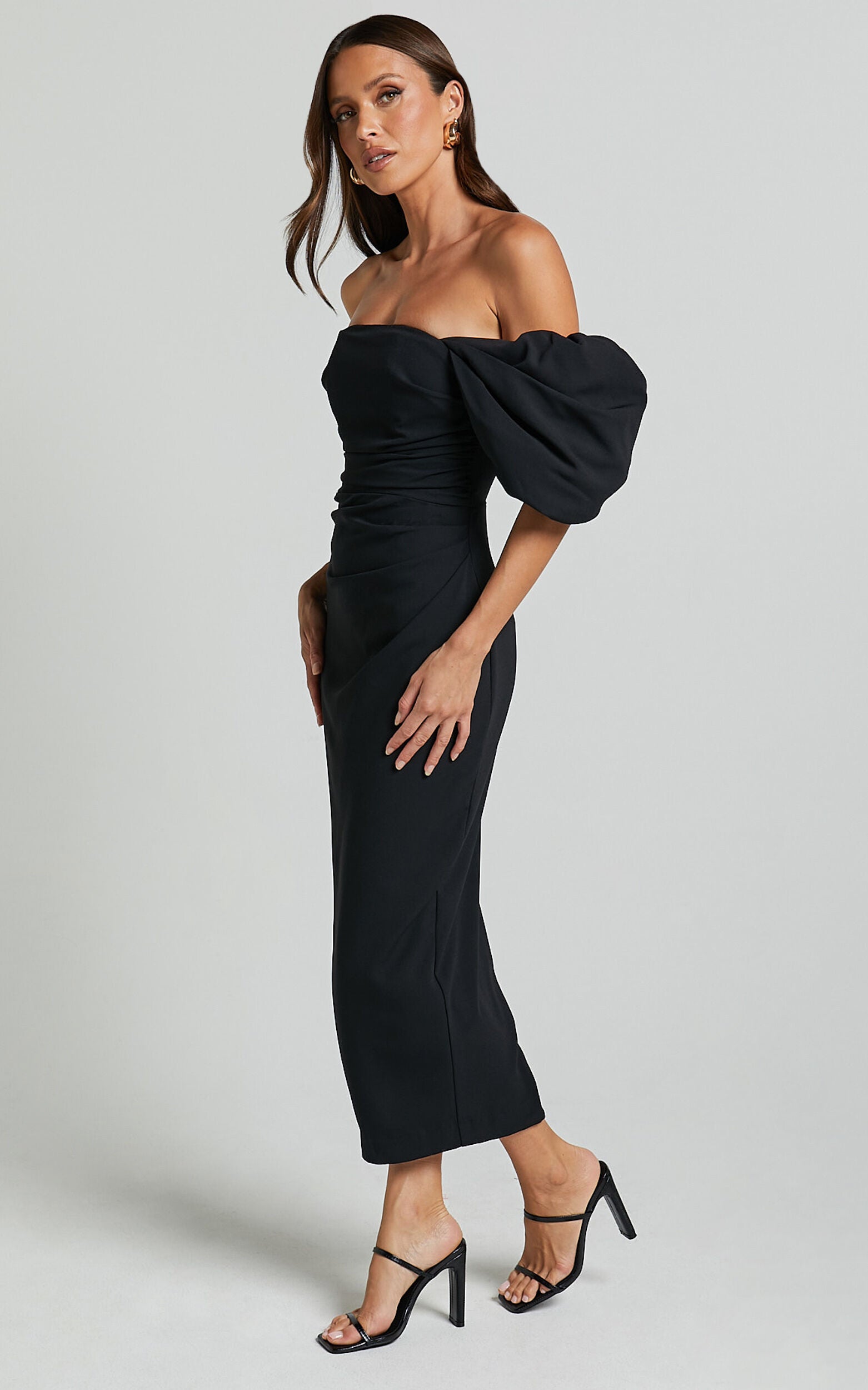 Lohan Midi Dress - Off Shoulder Puff Sleeve in Black