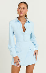 Wanda Mini Dress - Long Sleeve Faux Wrap Dress in Blue