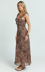 Alessa Maxi Dress - V Neck Frill Detail Empire Waist Back Cut Out Dress in Tonal Leopard