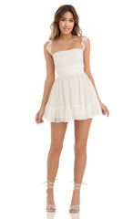 Dotted Chiffon Fit and Flare Dress in White
