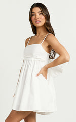 Clover Mini Dress - Back Bow Babydoll Dress in White