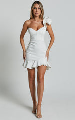 Bethany Mini Dress - One Shoulder Ruffle Detail Dress in Cream