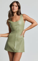 Alvera Mini Dress - Square Neck Sleeveless A Line Dress in Sage