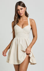 Cathryn Mini Dress - Cross Back Bustier Linen Look Blend Dress in Stone