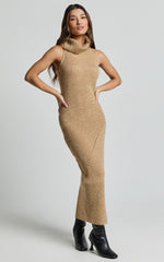 Alaina Midi Dress - Recycled Polyester Knitted Roll Neck Dress in Caramel