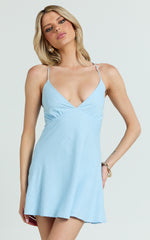Laura Mini Linen Dress - Strappy V Neck Slip Dress in Light Blue