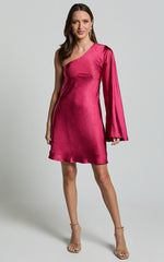 Karla Mini Dress - One Shoulder Long Sleeve Dress in Berry