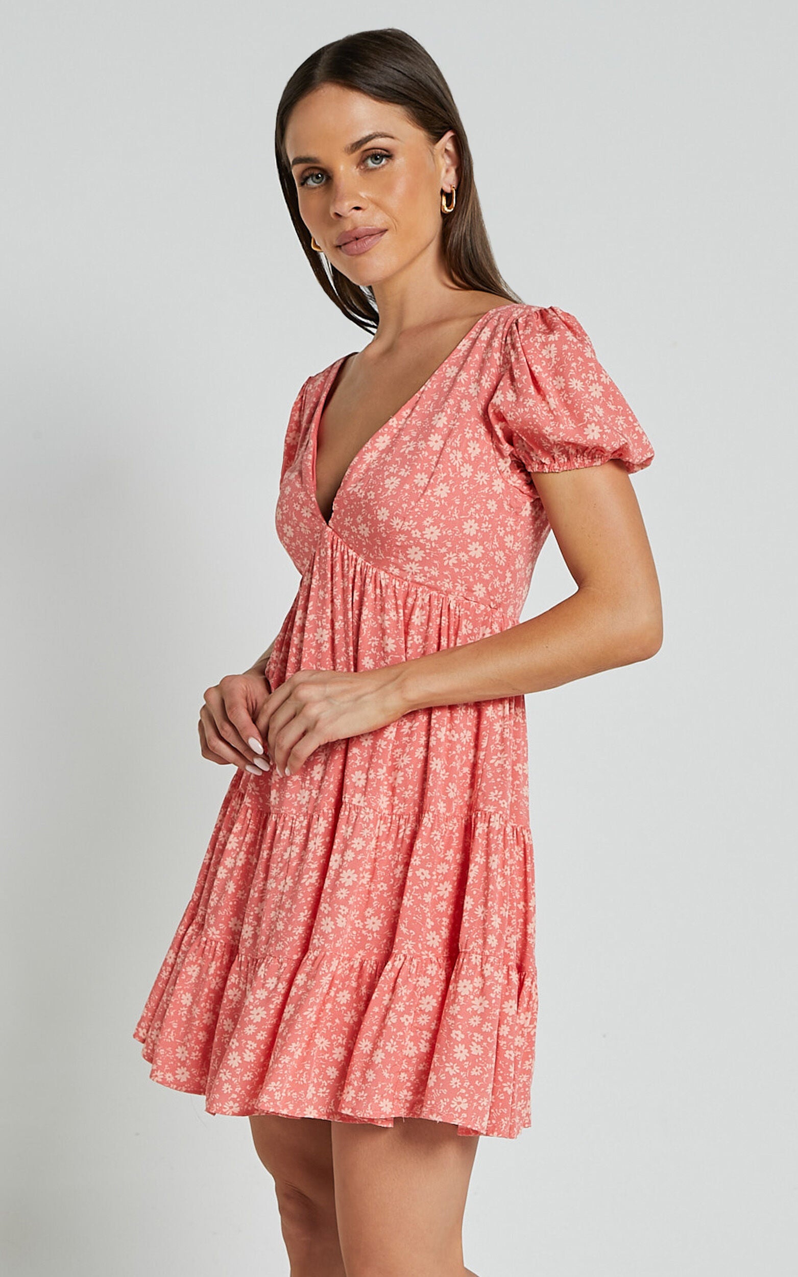 Isla Mini Dress - V Neck Tiered Dress in Coral Floral