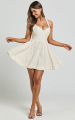 Cathryn Mini Dress - Cross Back Bustier Linen Look Blend Dress in Stone
