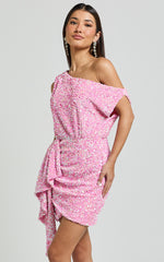 Tonya Mini Dress - Sequin Drape One Shoulder Dress in Pink