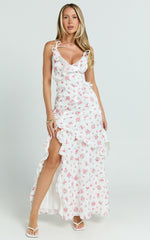 Justine Maxi Dress - Jacquard V Neck Tiered Lace Trim Dress in Romantic Ditsy Print