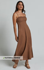 Brette Midi Dress - Linen Straight Neck Strappy Fit And Flare Dress in Tobacco
