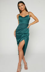 Dazzling Lights Midi Dress - Cowl Neck Draped Dress in Emerald Satin