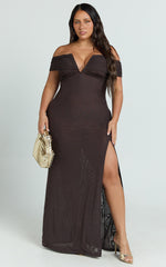 Alessia Maxi Dress - Off Shoulder Ruched Bodycon Dress in Chocolate