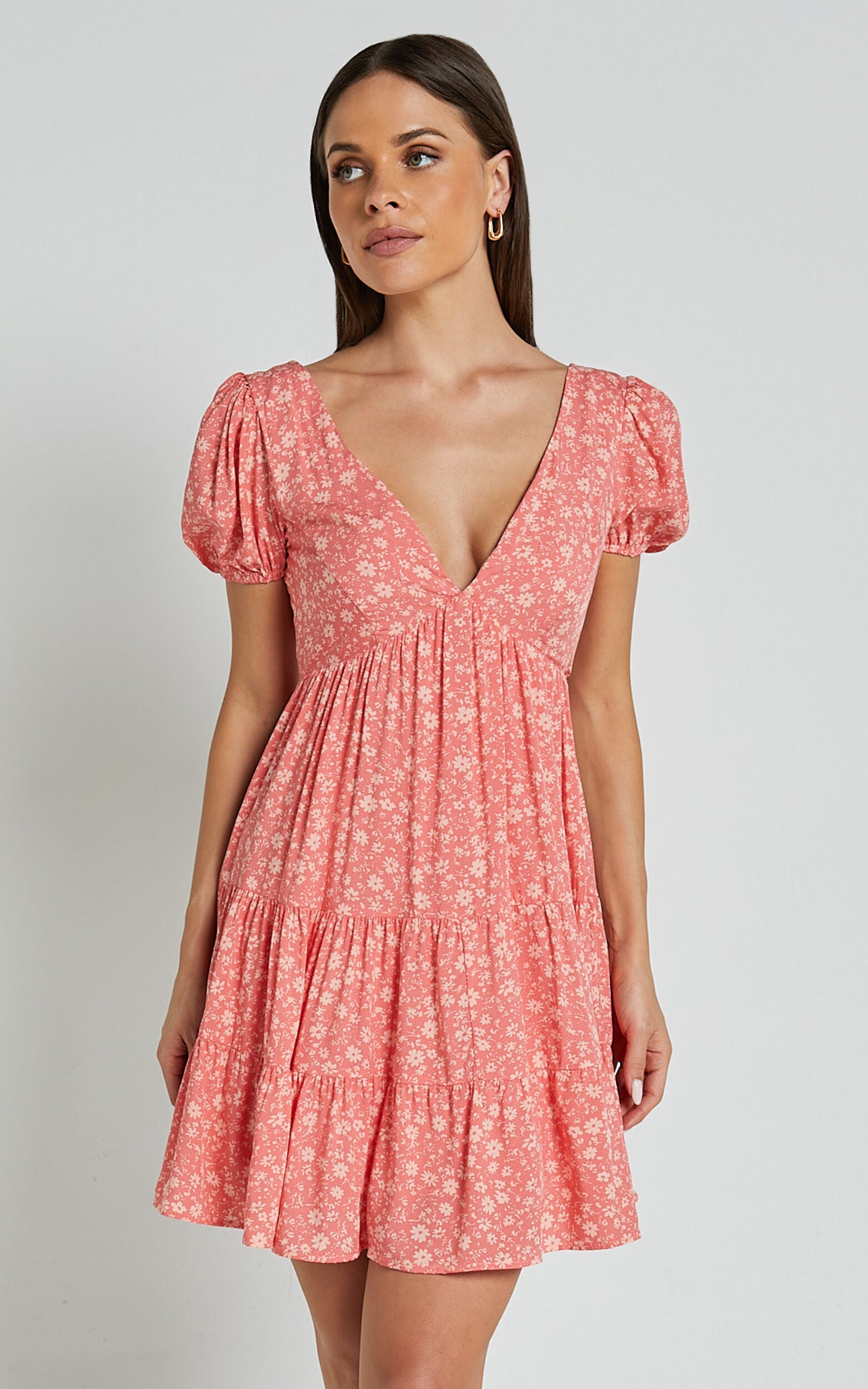 Isla Mini Dress - V Neck Tiered Dress in Coral Floral