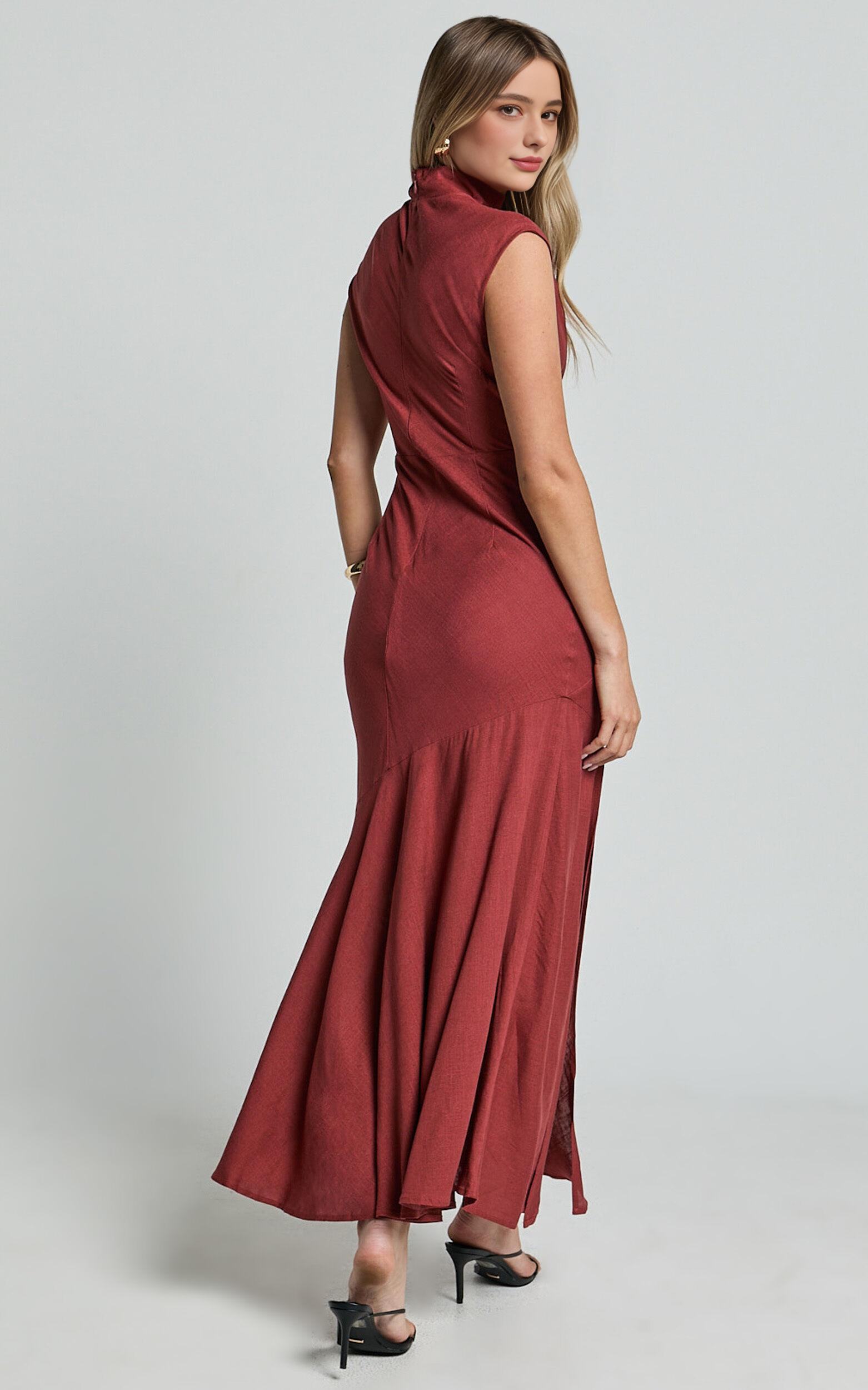 Elegant Linen Maxi Dress - High Neck Thigh Slit Slip Dress in Rust