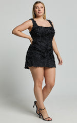 Tyra Mini Dress - Square Neck 3D Floral Mini Dress in Black