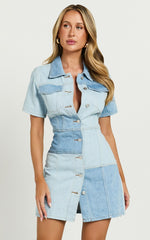 Gladys Mini Dress - Short Sleeve Patchwork Denim Dress in Multi