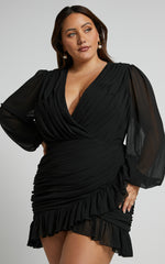 Can I Be Your Honey Mini Dress - Plunge Balloon Sleeve Dress in Black