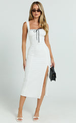 Archie Midi Dress - Ruched Bust Fitted Straight Broiderie Dress in White