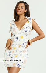 Posie Mini Dress - Linen Shoulder Tie Plunge Slip Dress in Soleil Print
