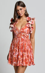 Carol Mini Dress - Pleated Fabric With Ruffle Trims Dress in Orange Floral Print