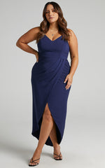Lucky Day Midi Dress - V Neck Drape Dress in Navy