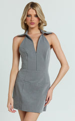 Latisha Mini Dress - Halter Collared Fitted Dress in Grey