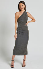 Arietty Midi Dress - One Shoulder Asymmetrical Ruched Dress in Olive