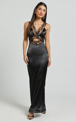 Alysia Maxi Dress - V Neck Lace Detail Slip Dress in Black