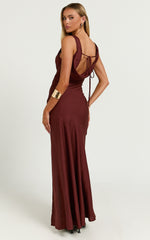 Adalita Midi Linen Dress - V Neck Cowl Back Bias Cut Dress in Chocolate
