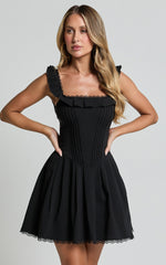 Petunia Mini Dress - Fit and Flare Baby Doll Frill Detail Mini Dress in Black