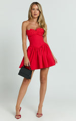 Brooke Mini Dress - Strapless Lace Trim Drop Waist Fit And Flare Dress in Red