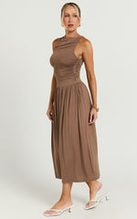 Anciel Midi Dress - Ruched Drop Waist Dress in Chocolate
