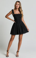 Petunia Mini Dress - Fit and Flare Baby Doll Frill Detail Mini Dress in Black