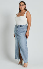 Kira Midi Skirt - Front Split Denim Skirt in Light Blue Wash