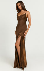 Emma Maxi Dress - Cowl Neck Front Split Dress in Chocolate