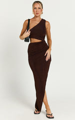 Kala Midi Dress - One Shoulder Cut Out Side Split Dress in Chocolate