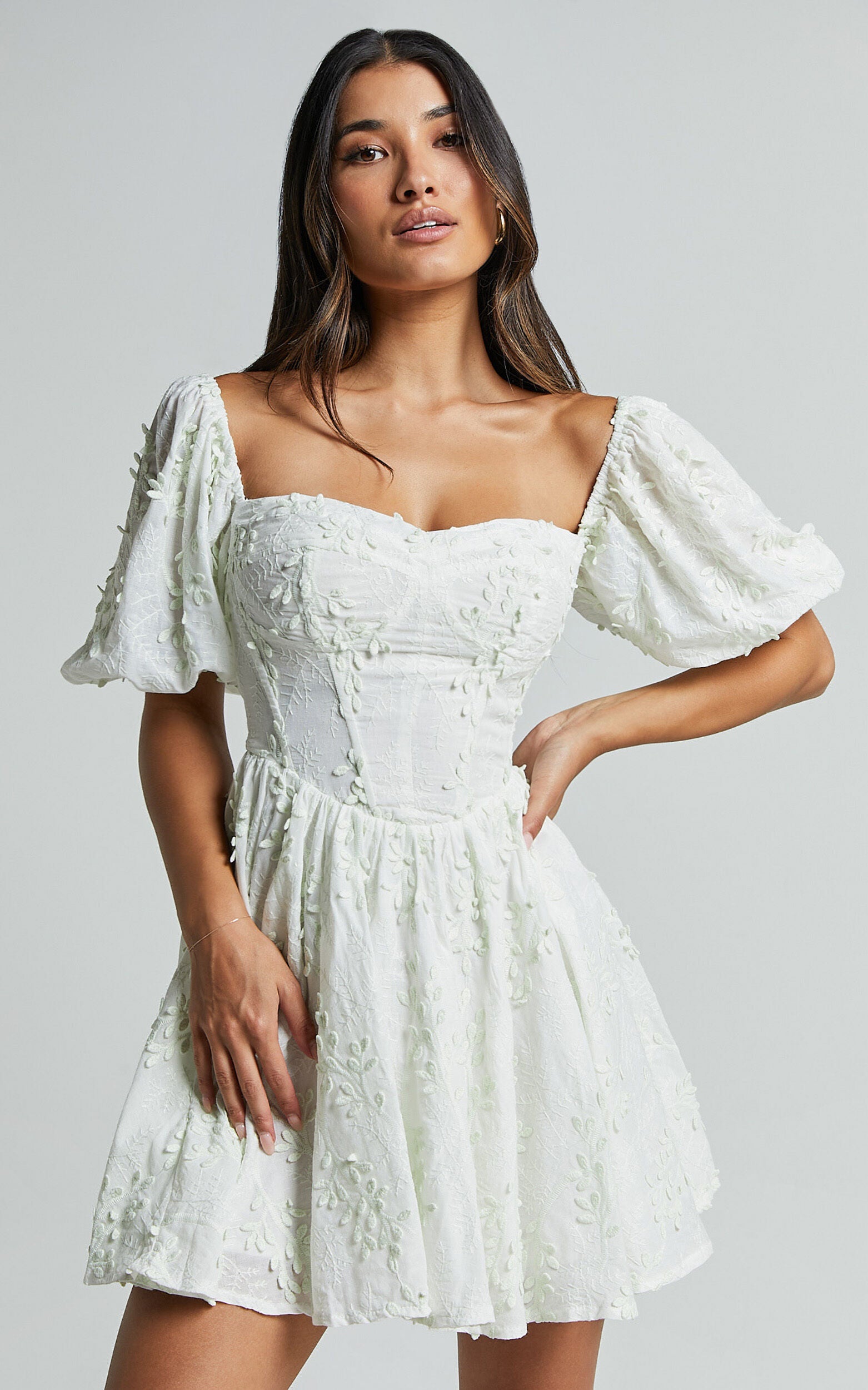 Esthela Mini Dress - Embroidered Square Neck Short Puff Sleeve Corset in Pale Mint