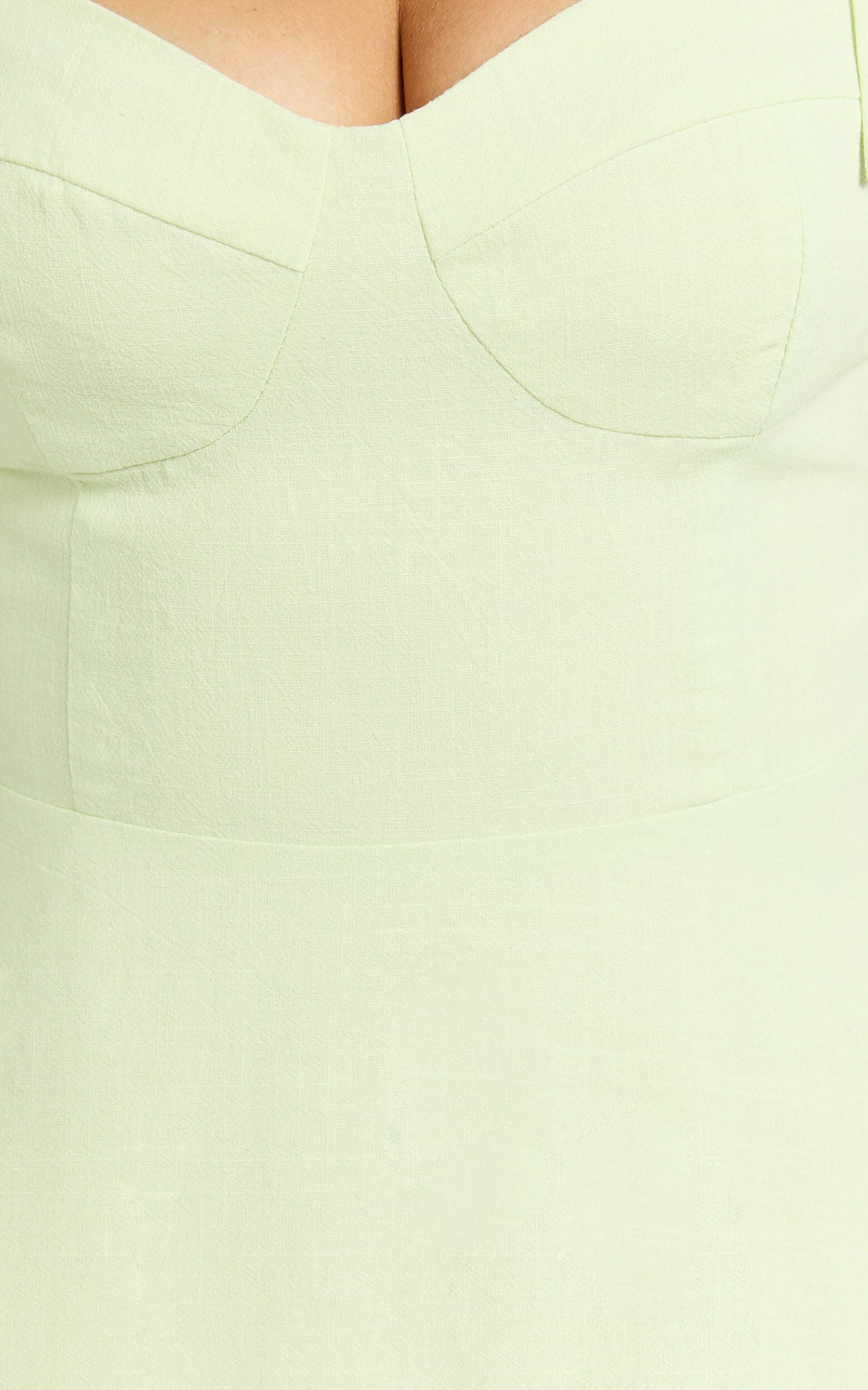 Tymia Midi Dress - Shoulder Tie Bustier Shirred Back A Line in Celery