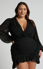 Can I Be Your Honey Mini Dress - Plunge Balloon Sleeve Dress in Black