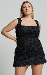 Tyra Mini Dress - Square Neck 3D Floral Mini Dress in Black