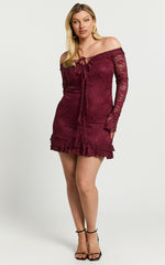 Theresa Mini Dress - Off Shoulder Tie Front Dress in Wine