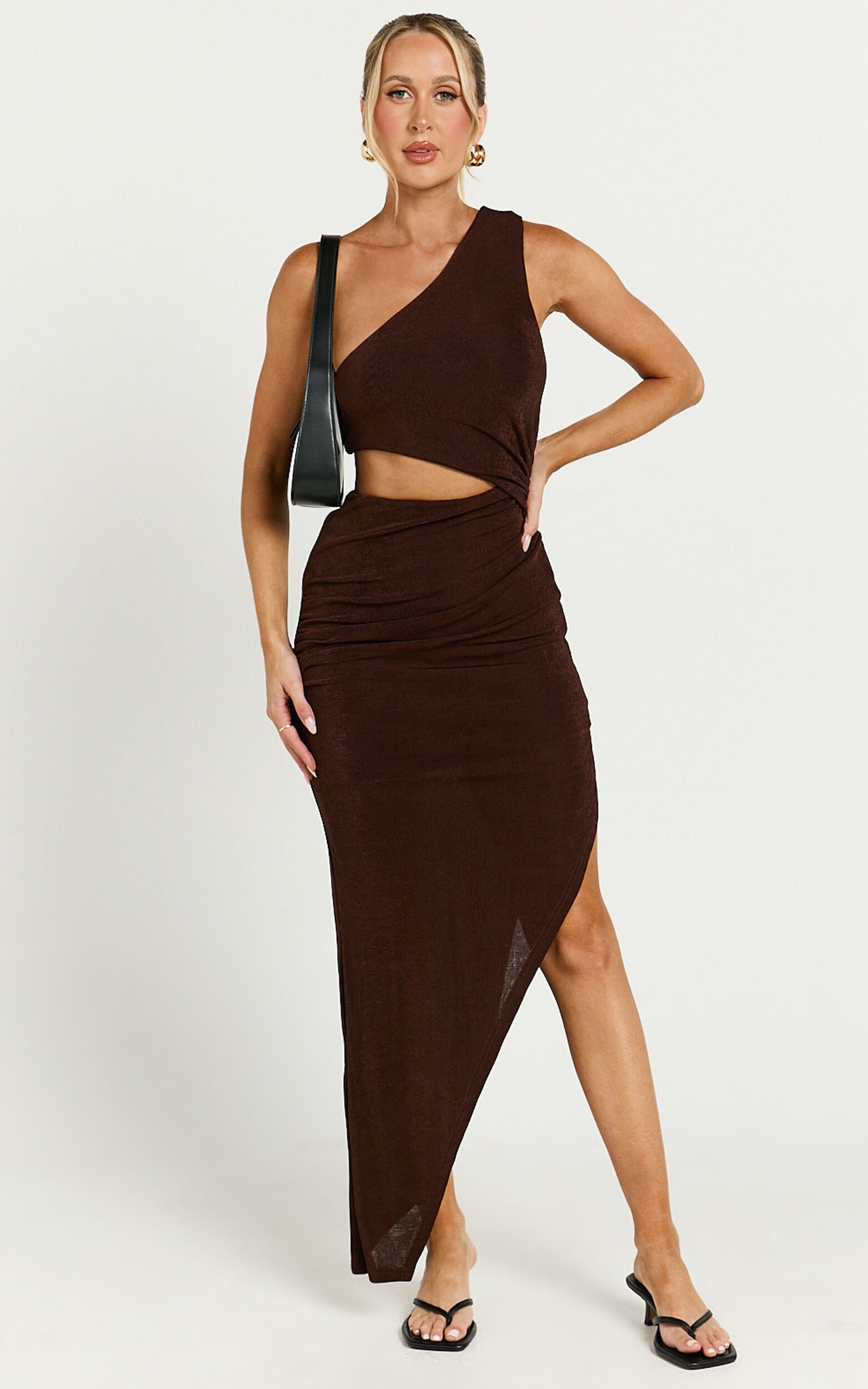 Kala Midi Dress - One Shoulder Cut Out Side Split Dress in Chocolate