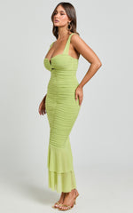 Kody Midi Dress - Bodycon Ruched Mesh Cut Out Dress in Lime