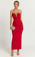 Gianni Maxi Dress - Plunge Ruched Mesh Column Dress in Red