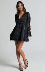 Lanna Mini Dress - Long Puff Sleeve V Neck Dress in Black
