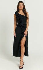 Rita Midi Dress - One Shoulder Ruffle Detail Dress in Black