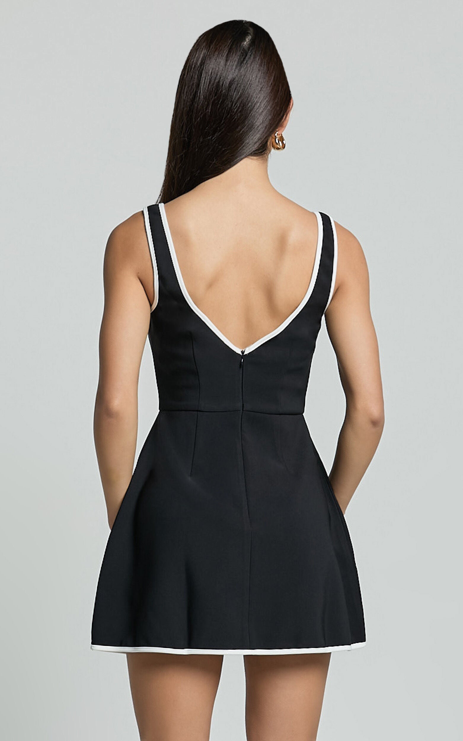 Pauline Mini Dress - Contrast Square Neck Fit and Flare Dress in Black